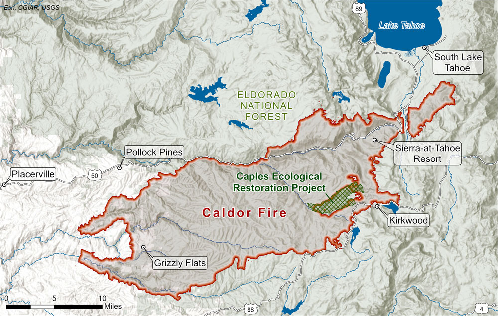 map showing the Caldor Fire burned along highways 50 and 88, the burned area includes Grizzly flats at the southwest and Sierra-at-Tahoe Resort near the north east border. The Caples Project is located entirely within the burned footprint in the southeastern quadrant near Kirkwood. The project's edges burned, but the rest of the project area did not.