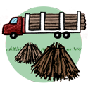 drawing of piles of woody stumps and sticks with a truck carrying several logs
