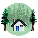 drawing of a house surrounded by green pine trees