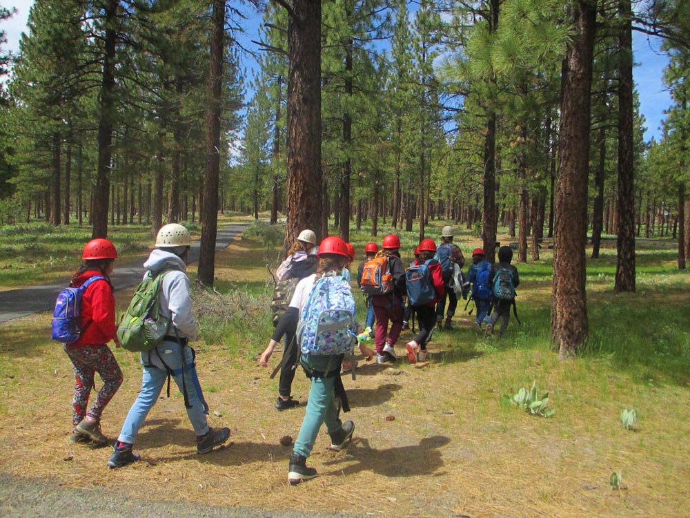 several students, roughly middle school age, are all wearing hard hats and backpacks as they walk on a trail through several pine trees