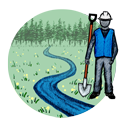 drawing of a person holding a shovel standing next to a small stream of water that flows through a grassy area with yellow flowers; pine trees are in the distance