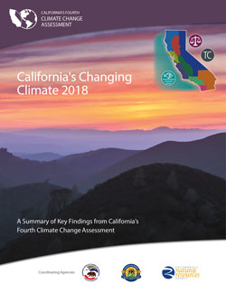 California's Changing Climate 2018 cover page showing a bright orange and pink sunset over several layers of dark rolling hills with misty cloud cover in the background