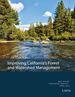 Improving California's Forest and Watershed Management cover page showing a low angle view down a ripply river with green trees in the background