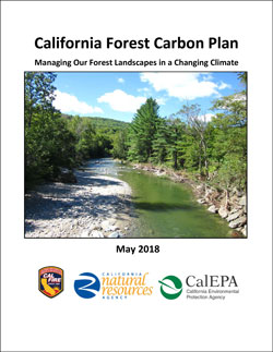 California's Forest Carbon Plan cover page showing a river with a rocky riverbank flanked by green trees