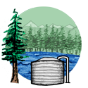 drawing of a water body with trees and snowy mountains in the background. In the foreground is a water storage tank flanked by a green pine tree